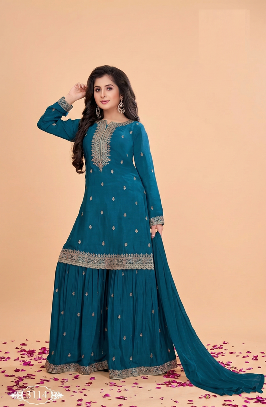 Teal Blue Colour Gharara Set(GE-GGHS_3114)