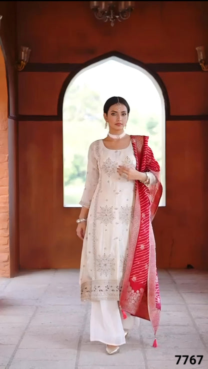 Cream Colour Plazo Set With Dupatta(LE-WPZS_7767)