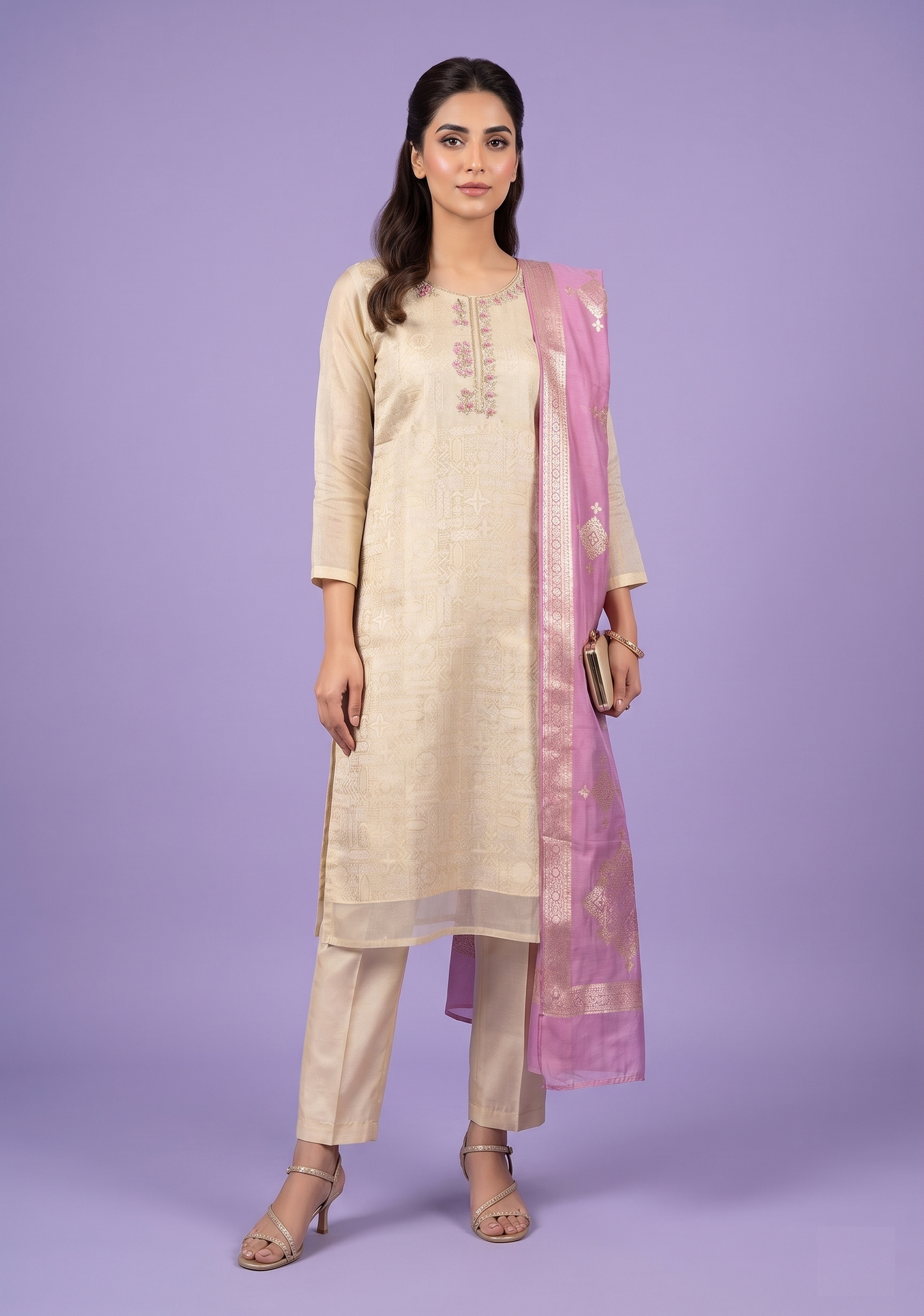 Cream & Pink Colour Kurti Set(LC-WKIS_744)