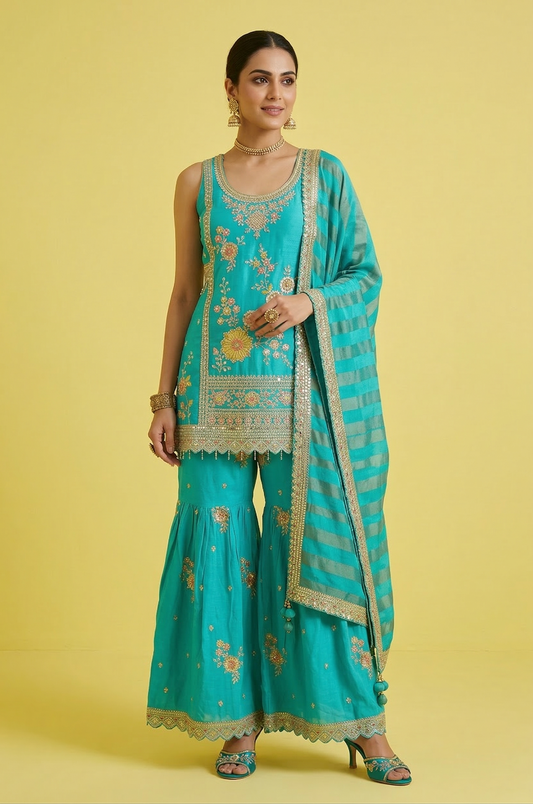 Turquoise Blue Colour Gharara Set(LE-WGHA_7042)