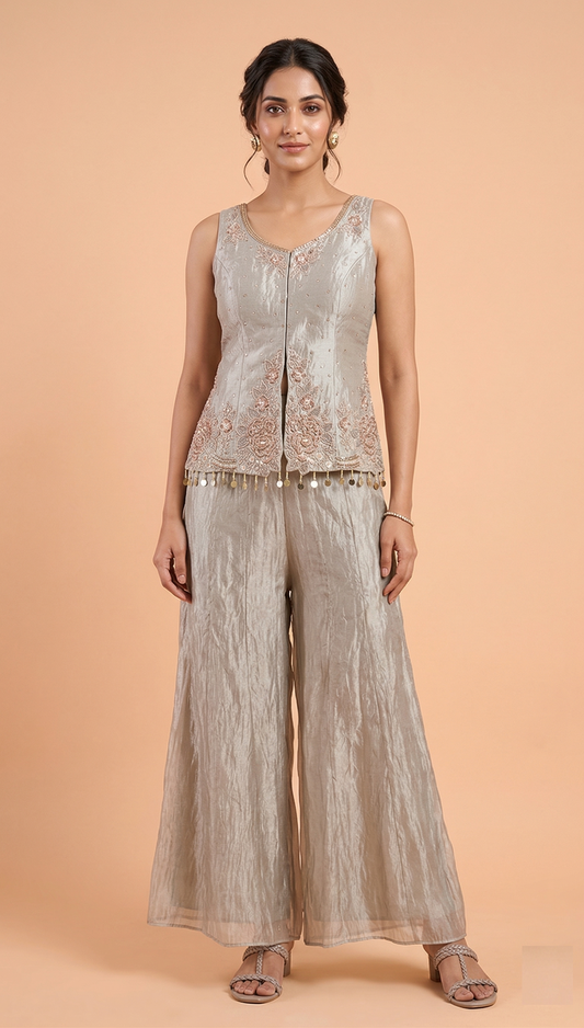 Metallic Grey Colour Plazo Set(LE-WPZS_2974)