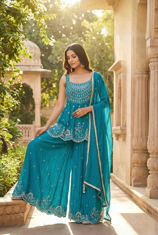 Blue Colour Plazo Set(LE-WPZS_7123)