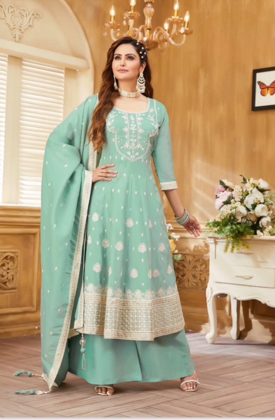 Green Colour Long Top Plazo Set(LE-WPZS_9023)